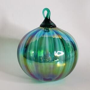 Hand Blown Iridescence metallic colorful blue green glass stemmed ornament 3.5"